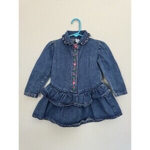 VTG Blues in Motion Girls Denim Dress Size 2T Blue Jean Long Sleeve 90s Flowers
